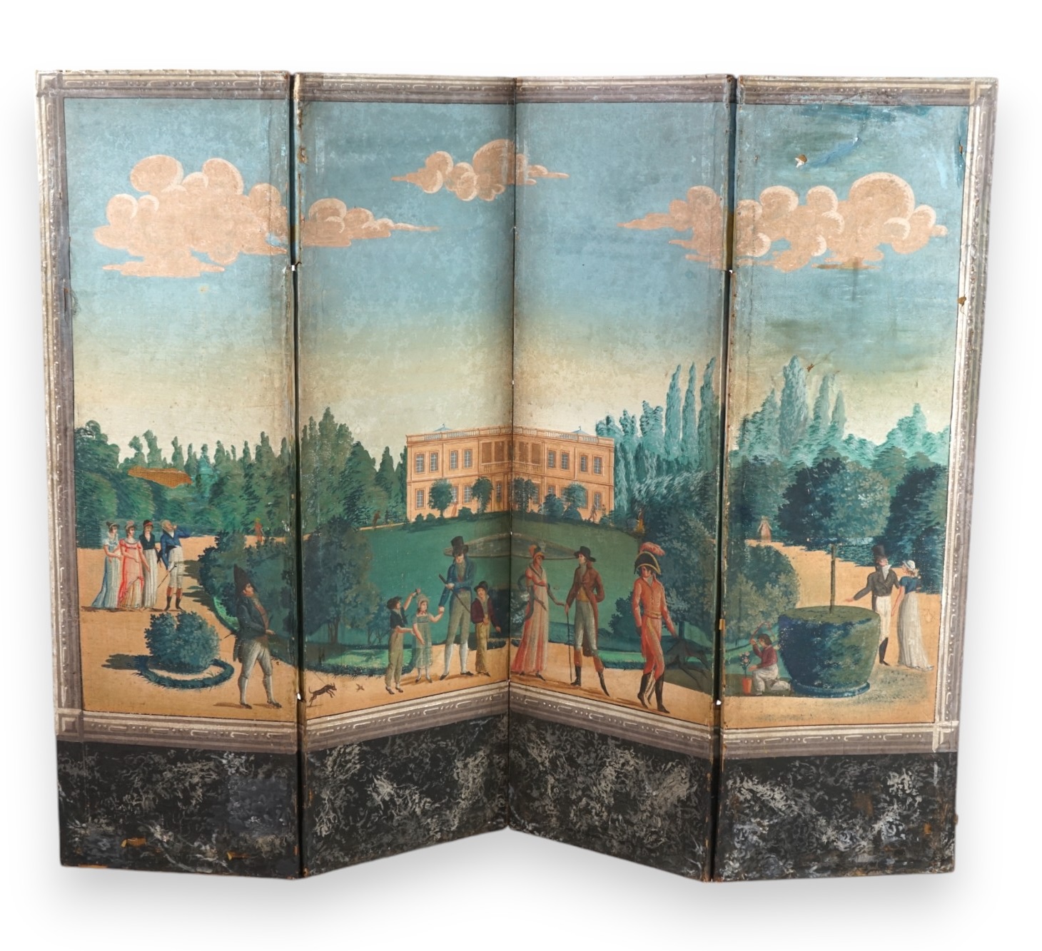 A French Empire four-leaf painted screen, gouache on paper, attributed to Dufour & Leroy